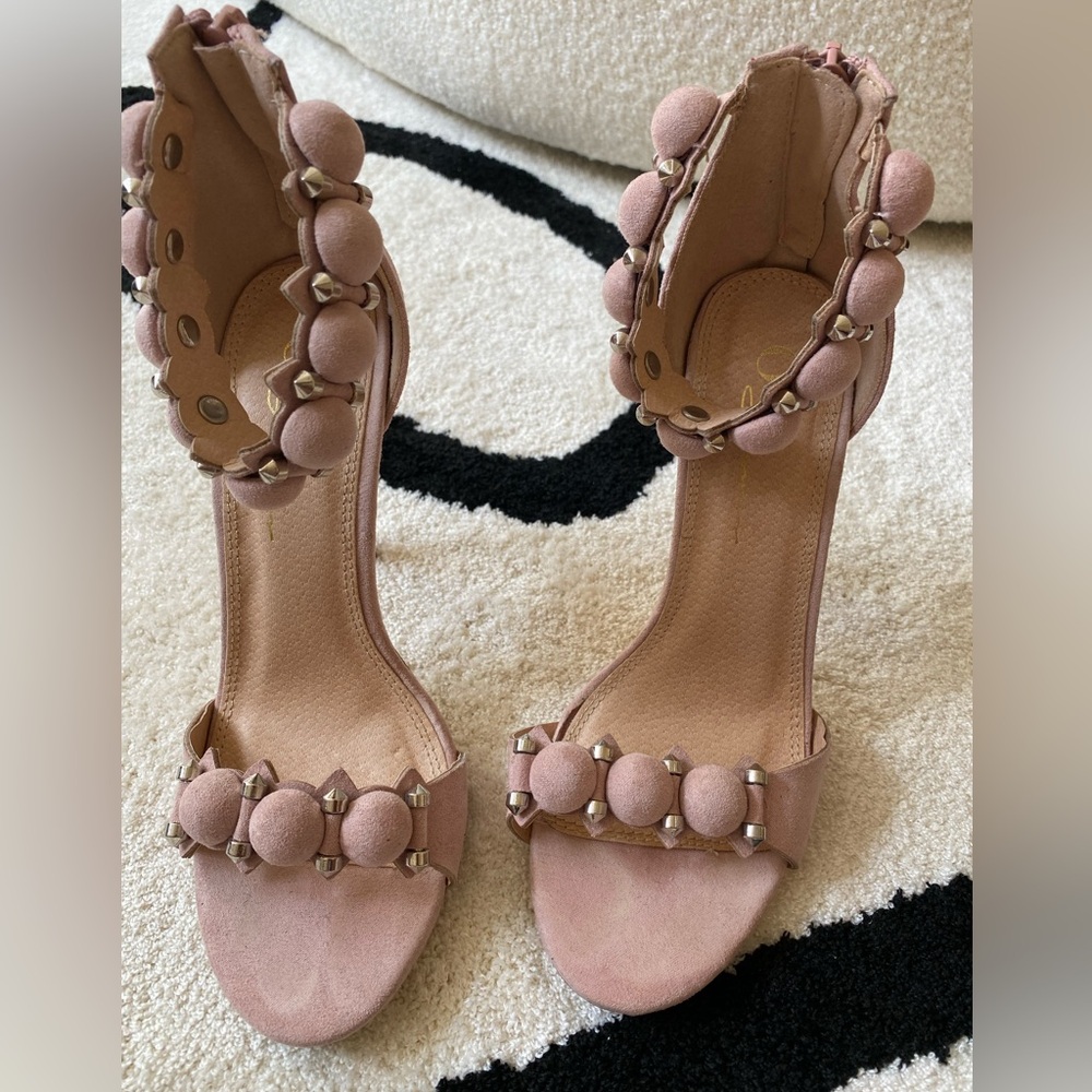 **SALE** Olivia Ferguson Embellished Suede Mauve-Pink Ankle Strap Heels - Picture 4 of 4